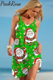 Retro Vintage Christmas Santa Claus Print Sleeveless Dress S / Green Christmas