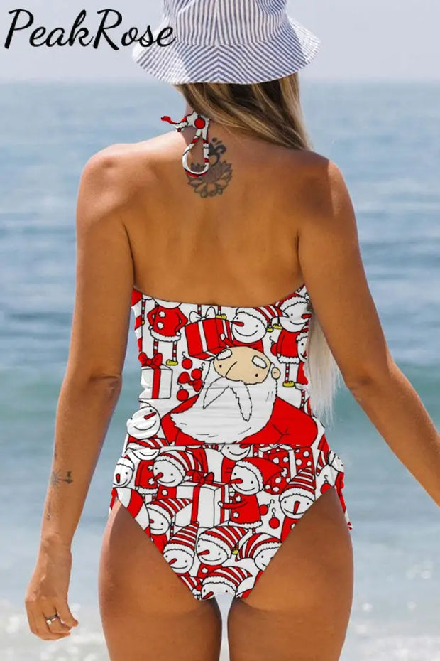 Retro Vintage Christmas Tree Snowman Print Bikini Swimsuit