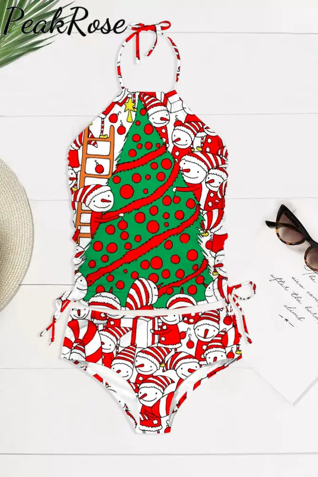 Retro Vintage Christmas Tree Snowman Print Bikini Swimsuit