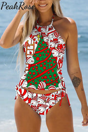 Retro Vintage Christmas Tree Snowman Print Bikini Swimsuit S