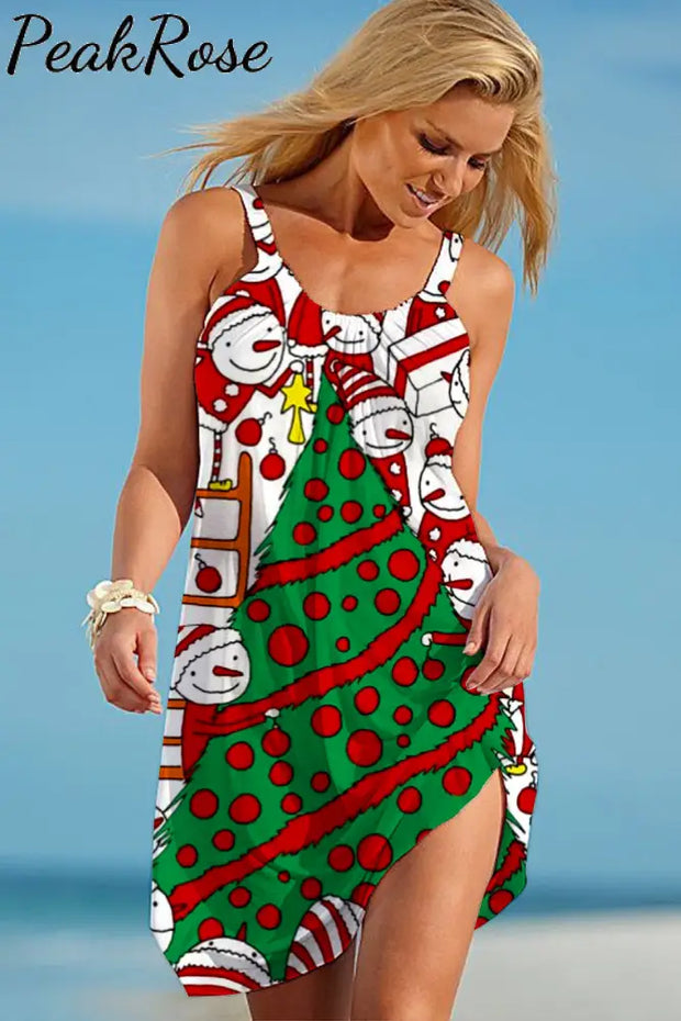 Retro Vintage Christmas Tree Snowman Print Sleeveless Dress Christmas