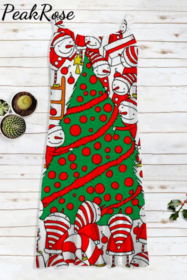 Retro Vintage Christmas Tree Snowman Print Sleeveless Dress Christmas