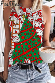 Retro Vintage Christmas Tree Snowman Print Tank Top