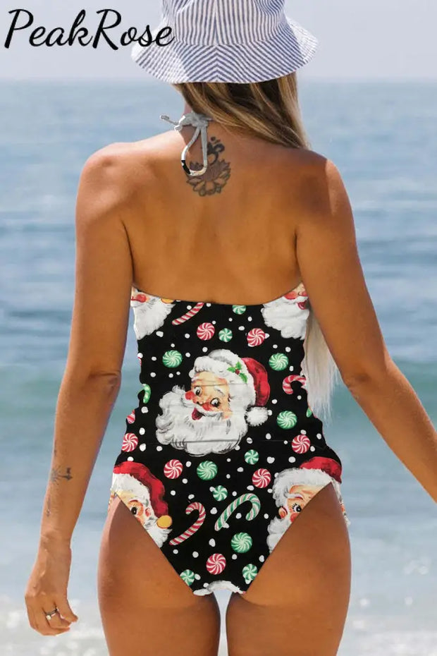 Retro Vintage Jolly Santa Claus Print Bikini Swimsuit