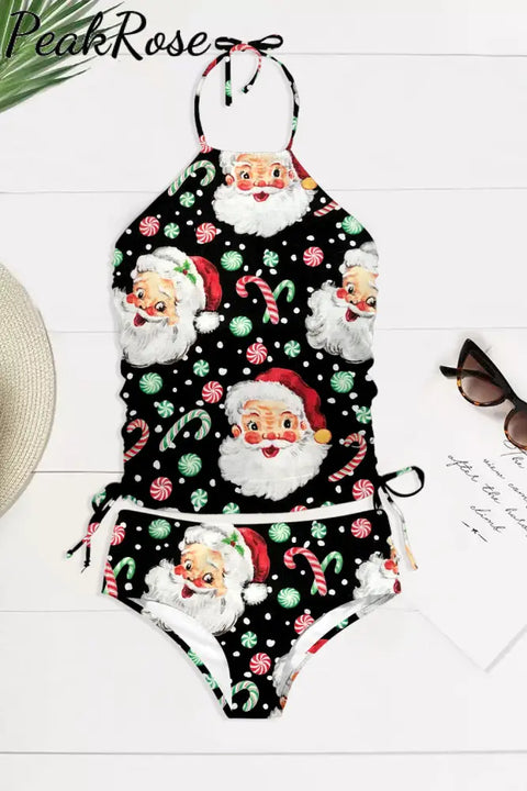 Retro Vintage Jolly Santa Claus Print Bikini Swimsuit