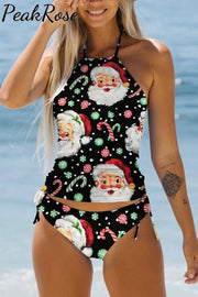 Retro Vintage Jolly Santa Claus Print Bikini Swimsuit S