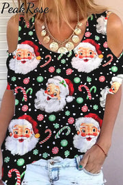 Retro Vintage Jolly Santa Claus Print Cold Shoulder T-Shirt S / Black T-Shirt