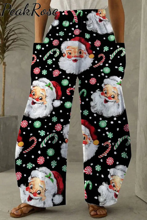 Retro Vintage Jolly Santa Claus Print Loose Pocket Pants