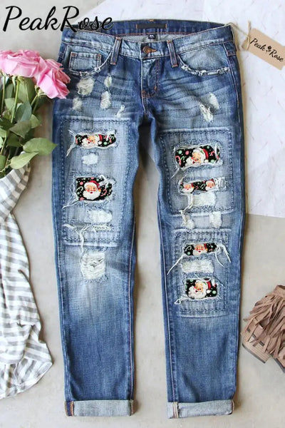 Retro Vintage Jolly Santa Claus Print Ripped Denim Jeans