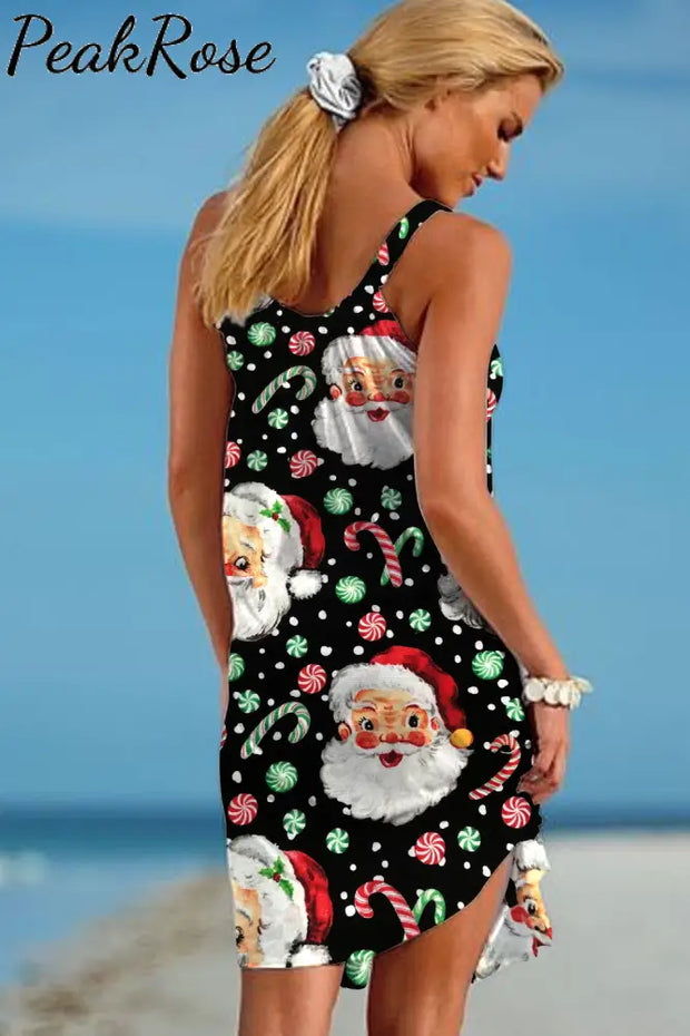 Retro Vintage Jolly Santa Claus Print Sleeveless Dress