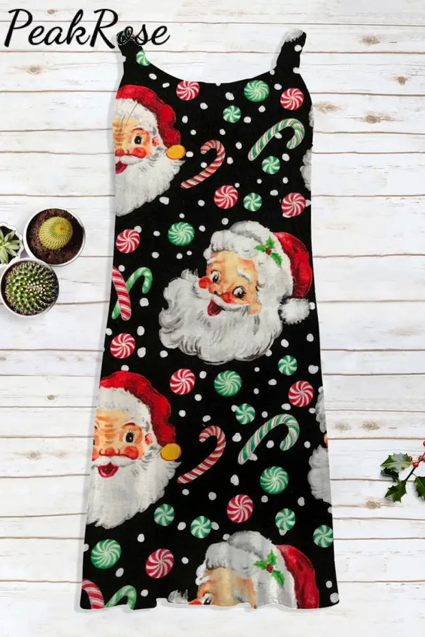 Retro Vintage Jolly Santa Claus Print Sleeveless Dress