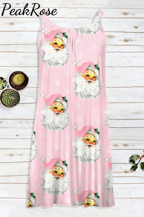 Retro Vintage Pink Santa Claus Print Sleeveless Dress