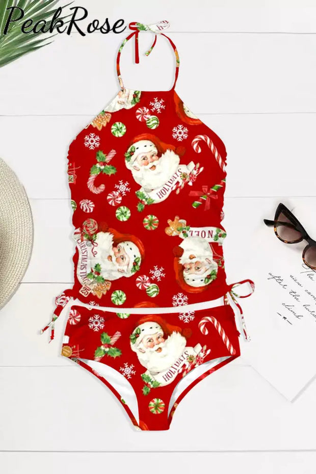 Retro Vintage Red Santa Claus Print Bikini Swimsuit