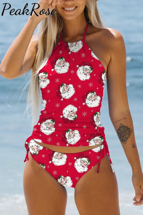 Retro Vintage Red Santa Claus Print Bikini Swimsuit S