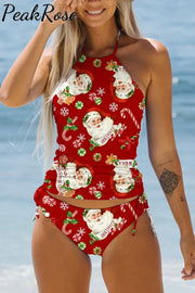 Retro Vintage Red Santa Claus Print Bikini Swimsuit S