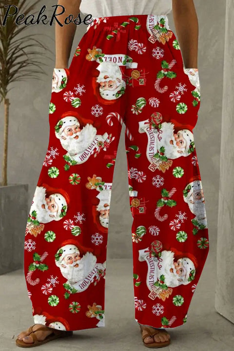 Retro Vintage Red Santa Claus Print Loose Pocket Pants