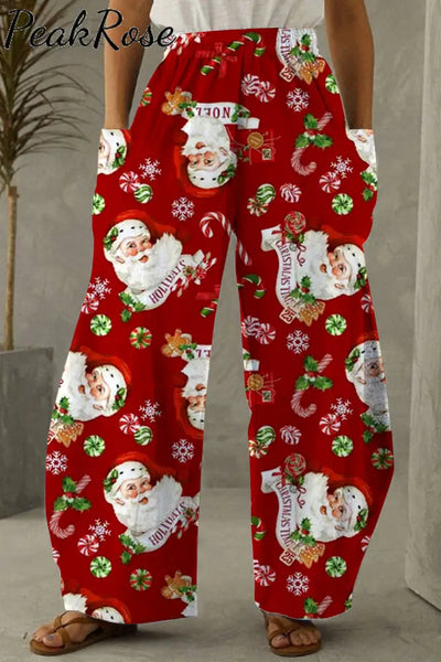 Retro Vintage Red Santa Claus Print Loose Pocket Pants S /