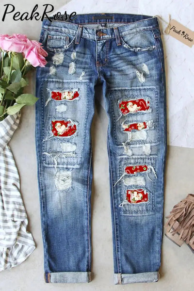 Retro Vintage Red Santa Claus Print Ripped Denim Jeans