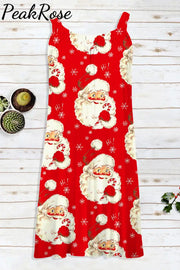 Retro Vintage Red Santa Claus Print Sleeveless Dress