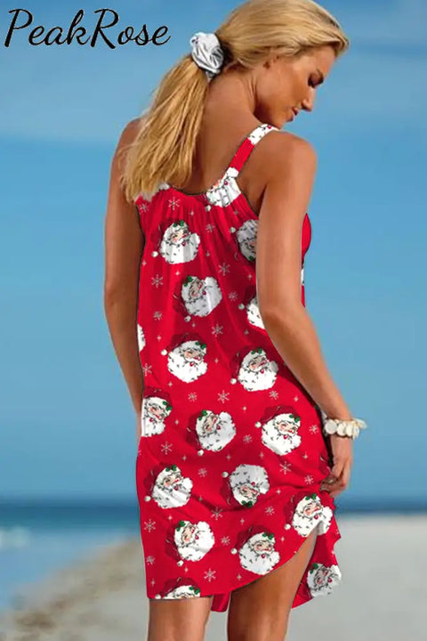 Retro Vintage Red Santa Claus Print Sleeveless Dress