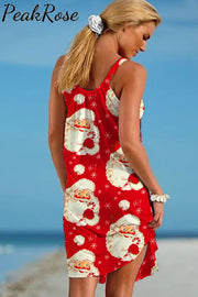 Retro Vintage Red Santa Claus Print Sleeveless Dress