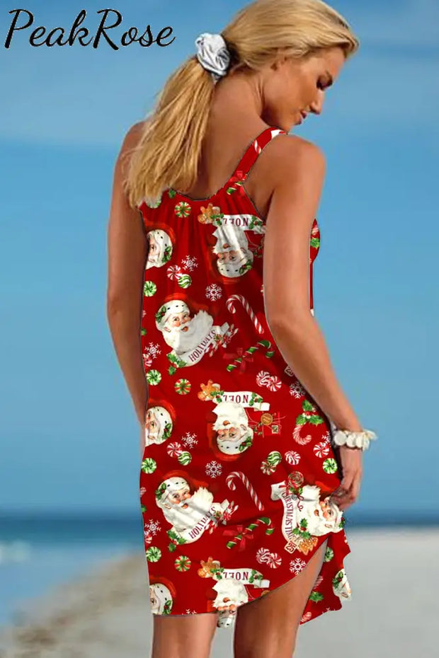 Retro Vintage Red Santa Claus Print Sleeveless Dress