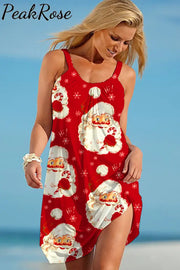 Retro Vintage Red Santa Claus Print Sleeveless Dress Christmas