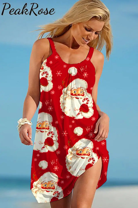 Retro Vintage Red Santa Claus Print Sleeveless Dress Christmas