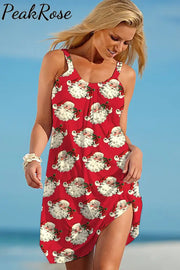 Retro Vintage Red Santa Claus Print Sleeveless Dress S /