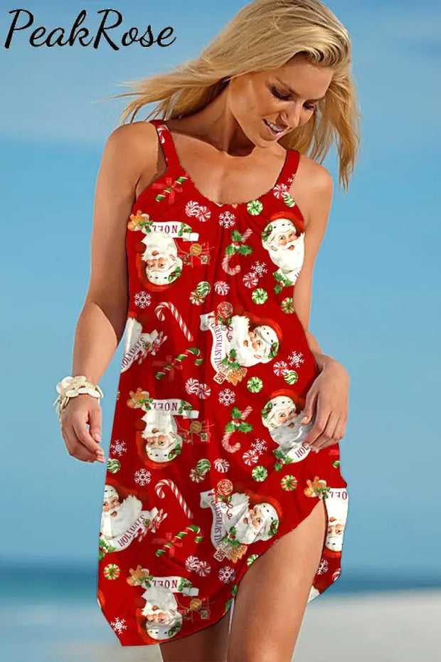 Retro Vintage Red Santa Claus Print Sleeveless Dress S /