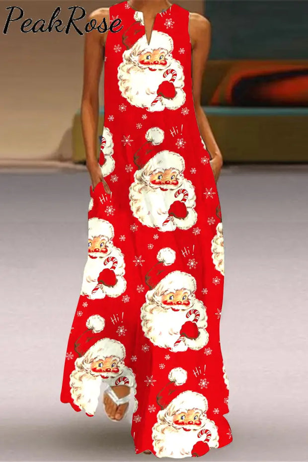 Retro Vintage Red Santa Claus Print V-Neck Sleeveless Maxi Dress S /