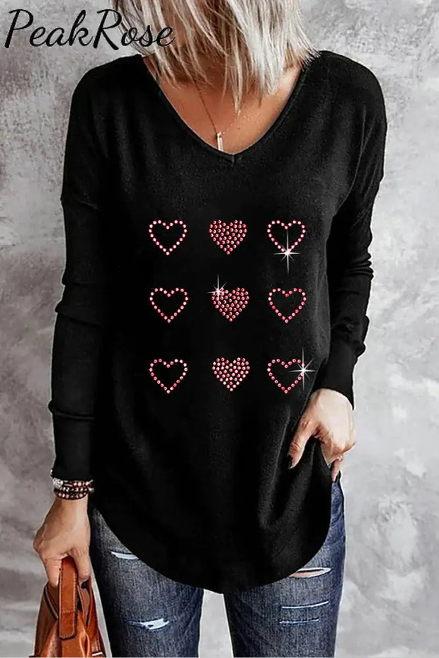 Rhinestone Pink Heart-Shaped V Neck Shift Casual Long Sleeve T-Shirt S / Black