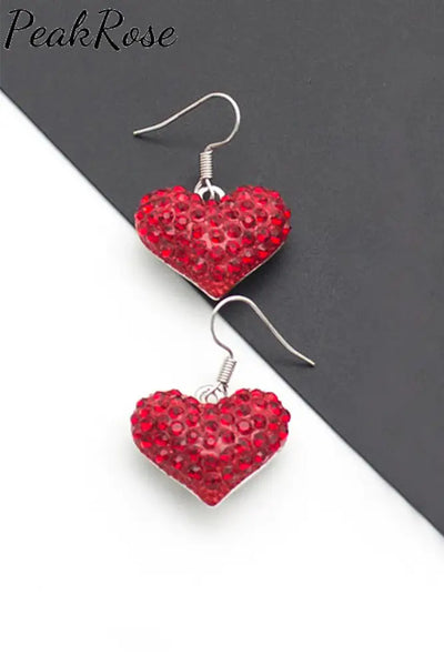 Rhinestone Red Silvery Pink Heart-Shaped Earrings One-Size