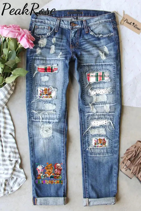 Ripped Denim Jeans Patchwork Hallothanksmas