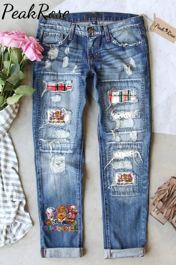 Ripped Denim Jeans Patchwork Hallothanksmas