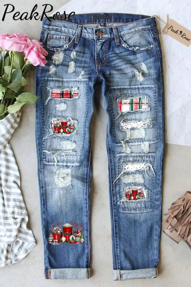 Ripped Denim Jeans Patchwork Plaid Christmas Gonme