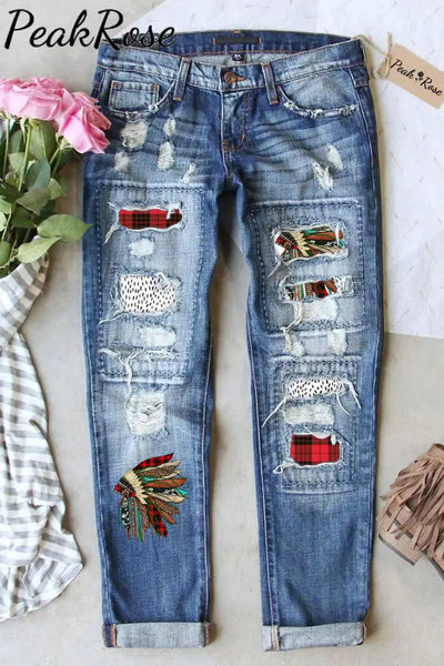 Ripped Denim Jeans Patchwork Plaid Indians