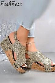 Roman Sandal Sequin Platform Wedge Sandals Gold / 36