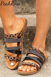 Roman Style Leopard Print Black Glitter Strap Sandals