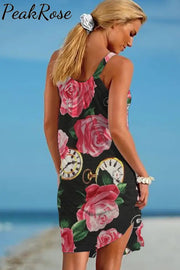 Rose Clock Black Beach Sleeveless Dress