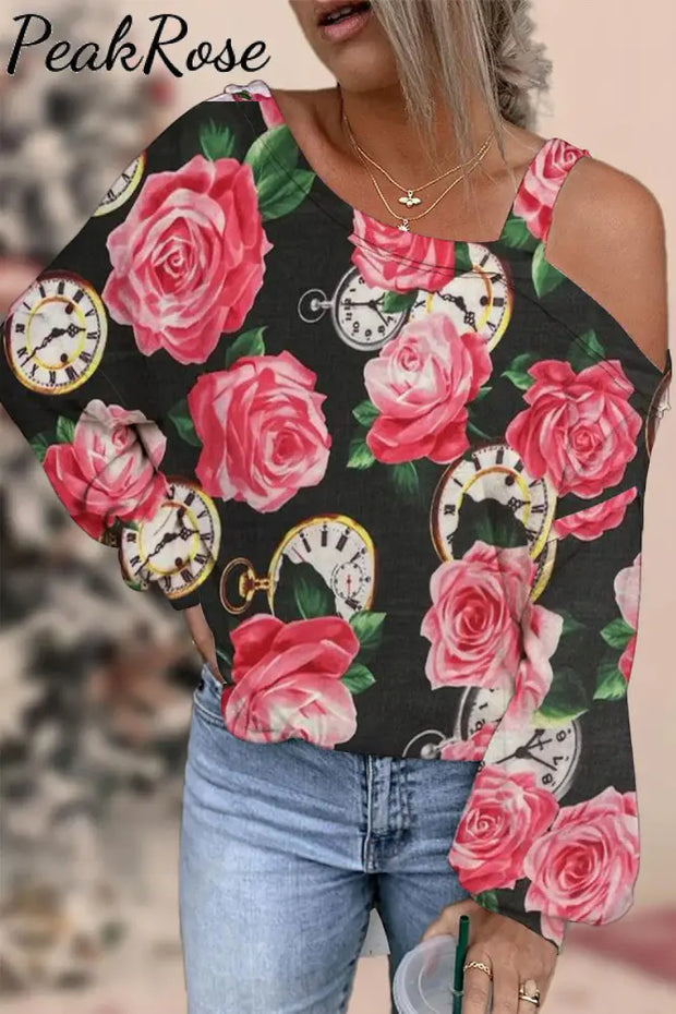 Rose Clock Black Slanted Shoulder One Long Sleeve Blouse