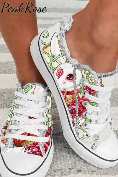 Rose Clock Flower Vine White Rabbit Mythical Beast Canvas Shoes Floral / 6(38)