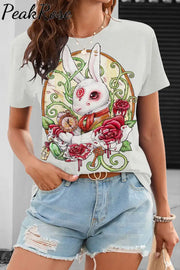 Rose Clock Flower Vine White Rabbit Mythical Beast O Neck T-Shirt