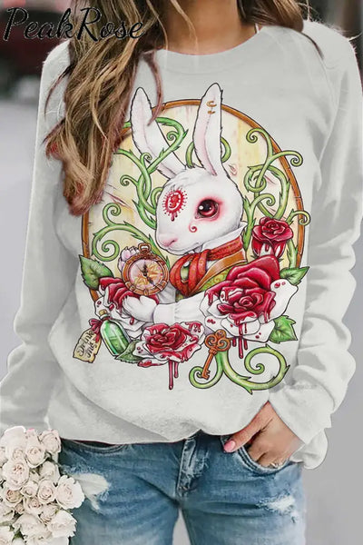 Rose Clock Flower Vine White Rabbit Mythical Beast Sweatshirt S / Floral