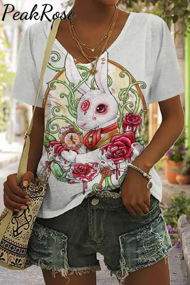 Rose Clock Flower Vine White Rabbit Mythical Beast V Neck T-Shirt