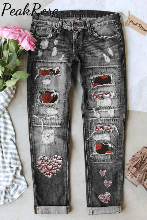 Rose Garden Metal Heart Vintage Print Jeans