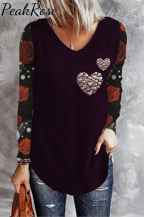 Rose Garden Metal Heart Vintage Print Long Sleeve T-Shirt