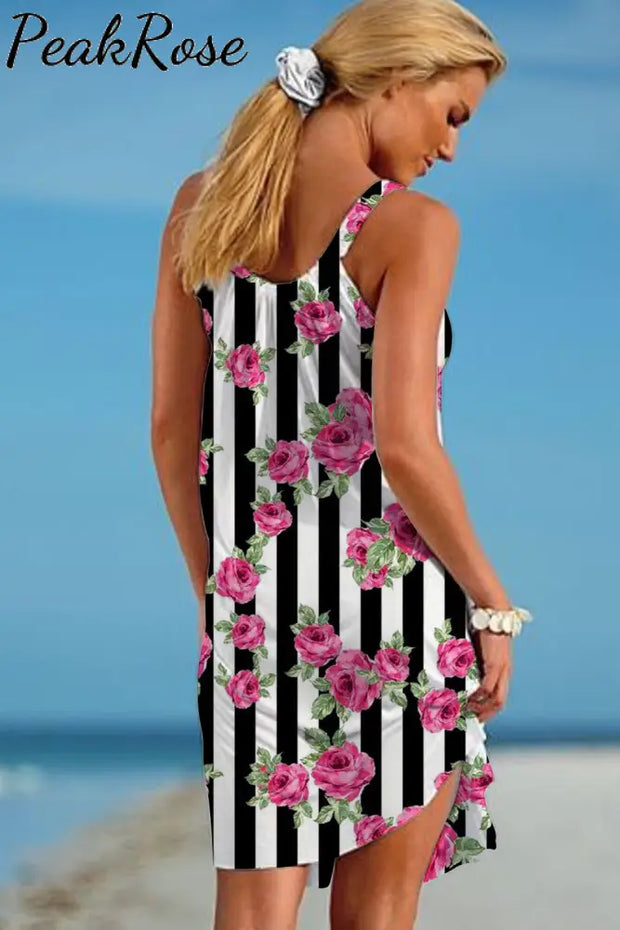 Rose Pattern Stripe Print Beach Sleeveless Dress