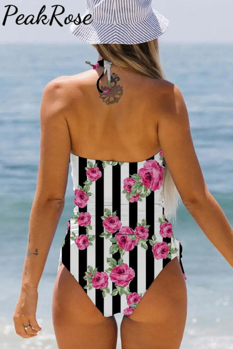 Rose Pattern Stripe Print Bikini Swimsuit