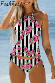 Rose Pattern Stripe Print Bikini Swimsuit S